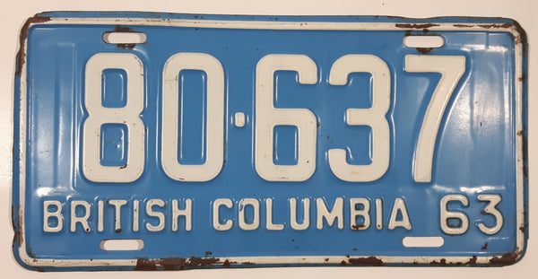 1963 Beautiful British Columbia Light Blue with White Letters Vehicle License Plate 80 637
