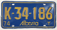 1974 Alberta Blue with Yellow Letters "T" Vehicle License Plate K 34 186