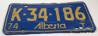 1974 Alberta Blue with Yellow Letters "T" Vehicle License Plate K 34 186
