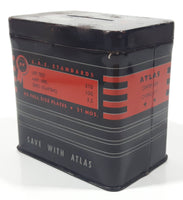 Vintage 1950s Atlas Rugged Dependable GM12 - 157  "Save With Atlas" 3" Tall Battery Shaped Black Tin Metal Advertising Coin Bank Made in U.S.A.