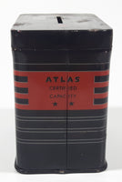 Vintage 1950s Atlas Rugged Dependable GM12 - 157  "Save With Atlas" 3" Tall Battery Shaped Black Tin Metal Advertising Coin Bank Made in U.S.A.