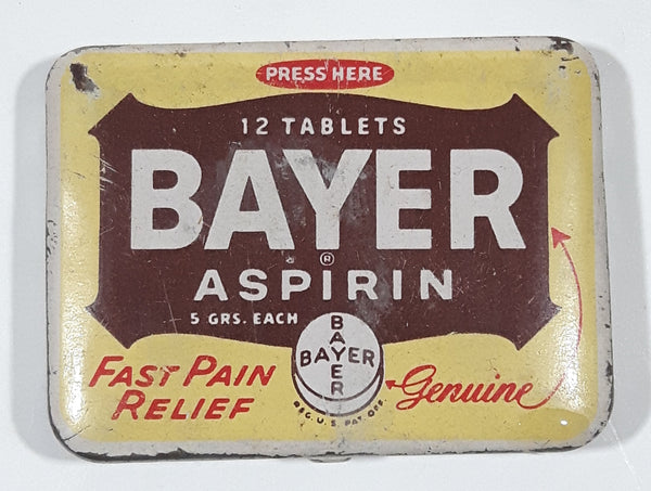 Vintage Bayer 12 Tablets Aspirin "Genuine" Fast Pain Relief 'Press Here' Small Pocket Size Tin Metal Hinged Pill Case EMPTY