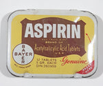 Vintage 1980s Bayer 12 Tablets Aspirin "Genuine" Acetylsalicyclic Acid Tablets DIN 260959 'Press Here' Small Pocket Size Tin Metal Hinged Pill Case EMPTY