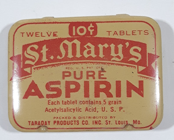 Vintage Taraday Products Co. Inc. St. Mary's Pure Aspirin Twelve Tablets 10 Cent Small Pocket Size Tin Metal Hinged Pill Case St. Louis Mo.
