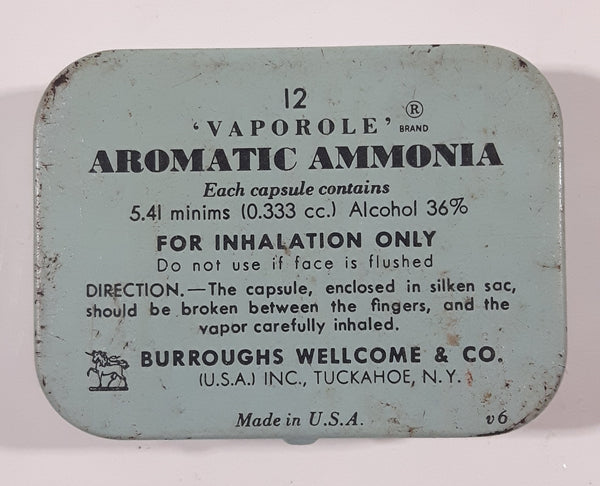 Antique Burroughs Wellcome & Co. 12 Vaporole Aromatic Ammonia Capsules Small Pocket Size Tin Metal Hinged Pill Case Tuckahoe, N.Y. (HAS 3 CAPSULES)