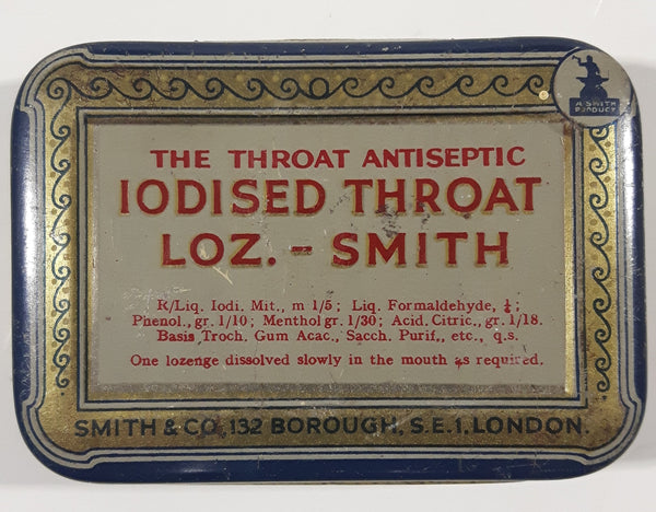 Rare Antique Smith & Co. 132 Borough, S.E.1. London The Throat Anti Septic Iodised Throat Loz. Lozenges Hinged Tin Metal Container Case EMPTY