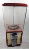 Vintage 25 Cent Heavy Red Metal 17 1/2" Tall Gumball Vending Machine Dispenser with Plastic Candy Bin