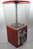 Vintage 25 Cent Heavy Red Metal 17 1/2" Tall Gumball Vending Machine Dispenser with Plastic Candy Bin