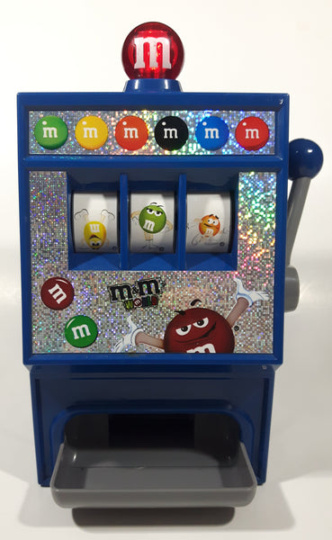 2008 Mars M&M's World Chocolate Candies 9" Tall Blue Plastic Slot Machine Candy Dispenser Lights and Sound