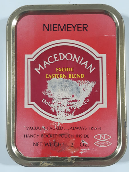 Vintage Niemeyer Macedonian Exotic Eastern Blend Deluxe Pipe Tobacco 2 oz. Tin Metal Container