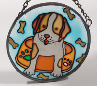 Joan Baker Designs Puppy Dog Sitting in Dish with Bones 3 1/4" Stained Glass Window Sun Catcher