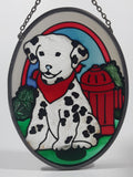 Joan Baker Designs Dalmatian Puppy Dog Sitting in Next To Fire Hydrant 3 1/2" x 5" Oval Shaped Stained Glass Window Sun Catcher