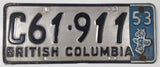 Vintage 1952 1953 British Columbia Silver with Black Letters Metal Vehicle License Plate Tag with Blue and White '53 Add-On Section C61 911