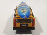 Maisto Hummer H2 SUV Yellow 1/46 Scale Pull Back Die Cast Toy Car Vehicle with Wood San Diego Surfboard On Roof No Tires