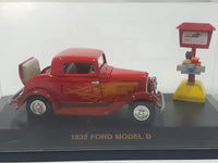 1998 Road Champs 1932 Ford Model B Red with Orange Flames Die Cast Toy Car Vehicle with Opening Trunk and Food Serving Sign in Display Case