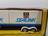 Vintage 1984 Corgi 1109 Mercedes Semi Tractor Truck and Trailer with Two Sealink Containers Blue and White Die Cast Toy Car Vehicle in Box