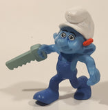 2011 Peyo "Carpenter" Smurf Holding a Saw with a Pencil in His Ear PVC Toy Figure McDonald's Happy Meal