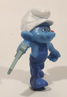 2011 Peyo "Carpenter" Smurf Holding a Saw with a Pencil in His Ear PVC Toy Figure McDonald's Happy Meal