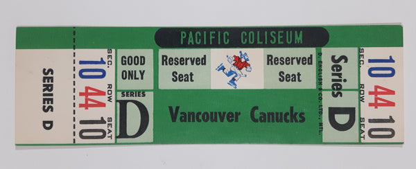 Vintage 1969 1970 Vancouver Canucks Pacific Coliseum WHL Ice Hockey Game Ticket with Johnny Canuck Green Version Series D Section 10 Row 44 Seat 10 Reserved
