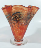 Arte Vargas 6062 Orange with Blue Swirls Frilled Pinched Edge 6" Tall Hand Blown Art Glass Vase Signed