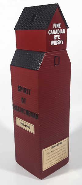 1905 - 1990 85th Annivesary Spirit of Saskatchewan Fine Canadian Rye Whisky Grain Elevator Shaped 11 1/4" Tall 750mL Ceramic Bottle Decanter with Plastic Lid EMPTY