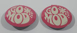 Vintage Go Mod Pink with White Letters Fold Over Style 1" Metal Tab Clip Pin Set of 2