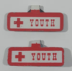 Vintage Youth Red Cross Fold Over Style 1/4" x 7/8" Metal Tab Clip Pin Set of 2