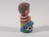 ELC Happyland Boy in Red and White Striped Shirt with Foot On A Soccer Ball Football Player 2 1/2" Tall Plastic Toy Figure