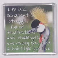 1999 PhotoDisc Ref: U057 "Life is a constant struggle, full of frustrations and challenges, but eventually you find a hairstyle you like" 2 1/2" x 2 1/2" Fridge Magnet