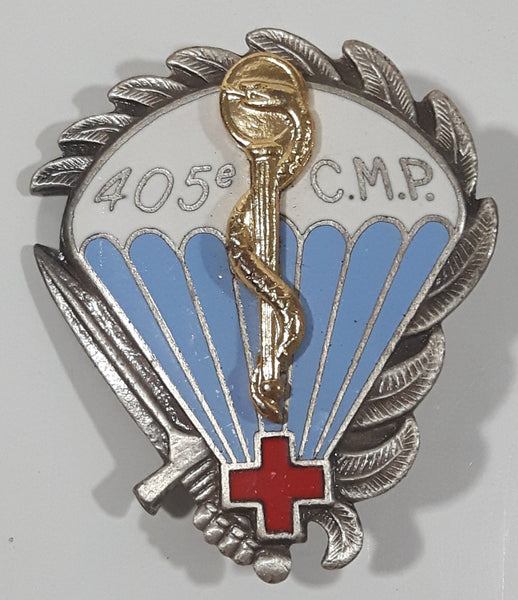 Vintage France Algerian War 405 e C.M.P Medical Paratrooper 1 3/8" x 1 5/8" Enamel Metal Cap Hat Badge Pin Military Insignia