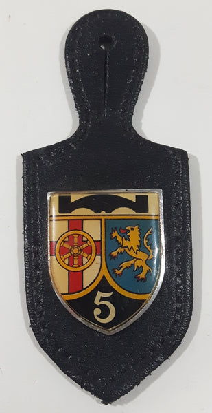Vintage Bridge Ship Wheel Heraldic Lion 5 Crest Coat of Arms 4" Black Leather Pocket Hanger Badge