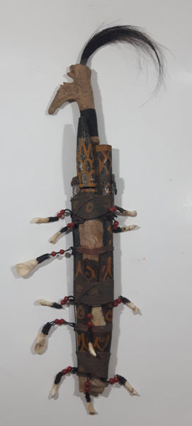 Primitive Antique Borneo Dayak Headhunter Human Hair, Bone, and Teeth Hand Woven and Tied Hand Painted Double Twin Tribal Mandau Bush Knife Sheath