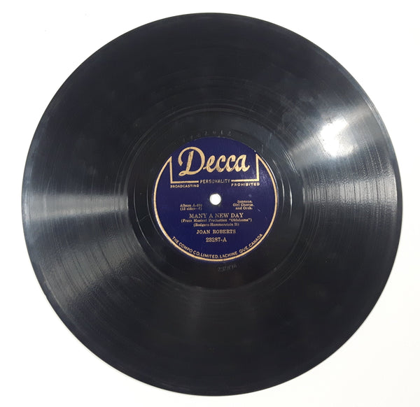 Vintage Decca #23287 Alfred Drake and Joan Roberts "People Will Say We're In Love" Joan Roberts "Many A New Day" 10" Vinyl Record Album
