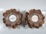 Pine Cone or Opening Flower Wood and Glass Tealight Candle Holder 5" Wide