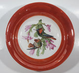 Antique German Colorful Birds and Pink Flower Themed Orange Amber Lustreware 9 1/4" Hand Painted Porcelain Bowl