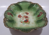 Antique Green Gold Trimmed Red and White Poppy Flower Themed 10" x 12 1/4" Hand Painted Porcelain Bowl