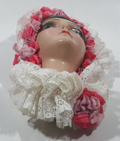 Vintage Woman Head Green Headband with Pink and White Doily Lace Bonnet