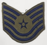 Vintage U.S. Air Force Technical Sergeant Dark Blue Thread on Olive Green 3 1/2" x 3 1/2" Fabric Patch Badge Insignia
