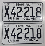 Matching Set of 2 Vintage 1973 Beautiful British Columbia White with Black Letters Vehicle License Plate X42 218