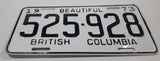 Vintage 1973 Beautiful British Columbia White with Black Letters Metal Vehicle License Plate Tag 525 928