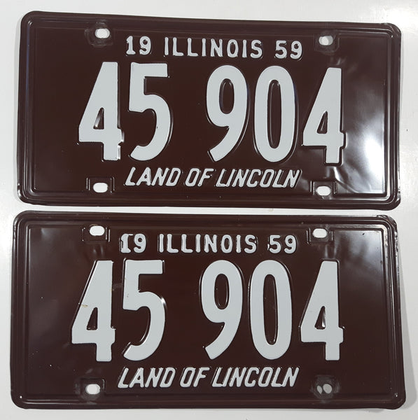 Matching Set of 2 Vintage 1959 Illinois Land Of Lincoln Brown with White Letters Metal Vehicle License Plate Tag 45 904