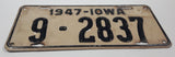 Vintage 1947 Iowa White with Black Letters Metal Vehicle License Plate Tag 9 - 2837