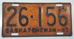 Vintage 1947 Saskatchewan Orange with Black Letters Metal Vehicle License Plate Tag 26 156