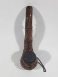Antique Carved Engraved Brown Clay Pottery 5 1/2" Tobacco Pipe with Taurus Bull Metal Lid and Hanging Chain