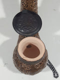 Antique Carved Engraved Brown Clay Pottery 5 1/2" Tobacco Pipe with Taurus Bull Metal Lid and Hanging Chain