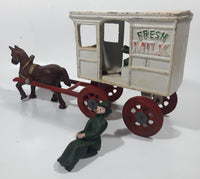 Vintage Fresh Milk Delivery Horse Drawn Wagon Carriage White and Red 11" Long Cast Iron Toy with Extra Driver
