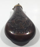 Antique 19th Century Lyman Deer and Foliage Design Bulb Shaped 7 1/4" Copper Metal Rifle Gun Powder Flask Bottle