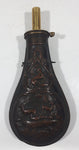 Antique 19th Century Deer Wildlife Hunting Dog Scene Design Bulb Shaped 7 3/4" Copper Metal Rifle Gun Powder Flask Bottle