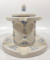 Antique Blue and White Tobacco Humidor Jar 6" Tall Raised Relief Ceramic Six Pipe Stand