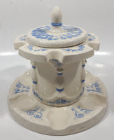 Antique Blue and White Tobacco Humidor Jar 6" Tall Raised Relief Ceramic Six Pipe Stand